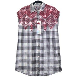NEW Johnny Was 3J Vincent Plaid Button Sleeveless Tunic Shirt Embroidered Small